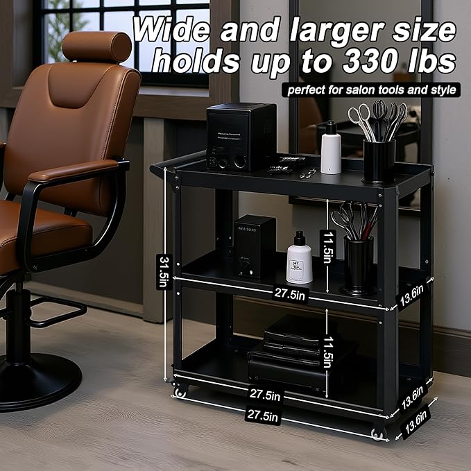 XCX 3 Tier Metal Utility Rolling Cart with Wheels, Heavy Duty Storage Organizer Trolley Cart for Kitchen, Bathroom, Office, Bedroom – Multi-Purpose 330Lbs Capacity Utility Cart on Wheels, Black