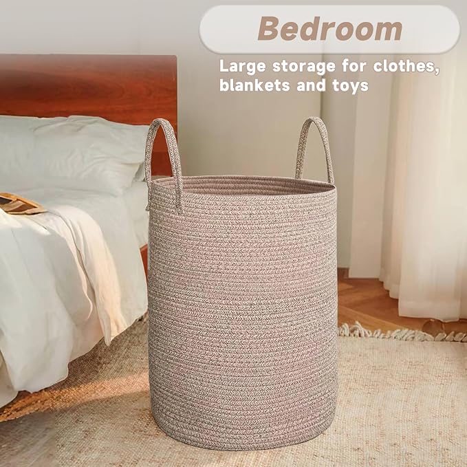 JMvicyroam Large Woven Laundry Basket Hamper,80L Cotton Rope Storage Bin for Blankets,Toys and Clothes,Decorative Tall Nursery Hamper for Living Room,Baby Nursery,Bathroom and Bedroom,Oatmeal