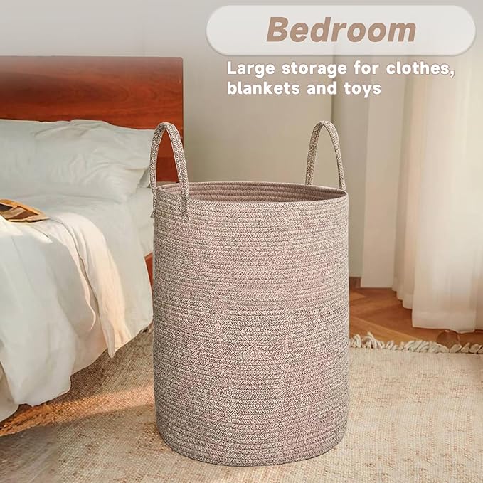 JMvicyroam Large Woven Laundry Basket Hamper,100L Cotton Rope Storage Bin for Blankets,Toys and Clothes,Decorative Tall Nursery Hamper for Living Room,Baby Nursery,Bathroom and Bedroom,Oatmeal