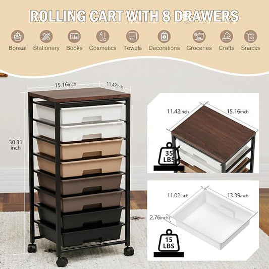 Rolling Cart with 8 Drawers, Storage Drawers Cart with Wooden Tabletop and Lockable Wheels, Craft Storage for Living Room, Office, Classroom, Craft Room, Bedroom (Brown)