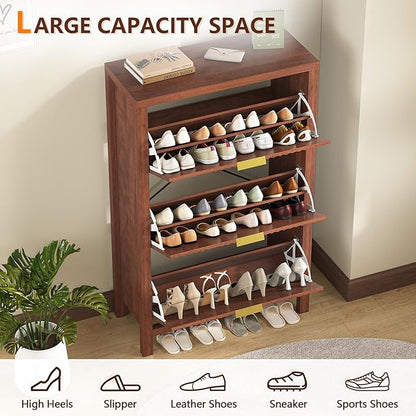 Shoe Cabinet Storage for Entryway, Fluted Shoe Cabinet with 3 Flip Drawers, Hidden Shoe Rack Tall Freestanding Shoe Organizer with Legs for Hallway, Walnut