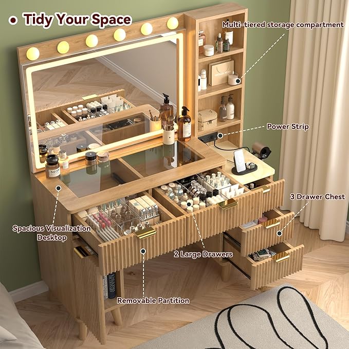 47" Fluted Makeup Vanity Desk with 32" Mirror and Lights, Modern Glass Top Large Vanity Table with 5 Drawers and 2 Storage Cabinets, Dressing Table Set with Charging Station for Bedroom-Gold