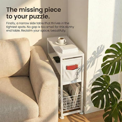 Skinny Side Table with Storage, 3 Tier Slim Side Tables for Small Spaces, Skinny End Table Narrow Bedside Table Narrow Side Table for Living Room, Bedroom