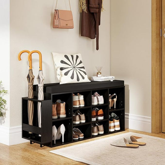 Giantex Shoe Storage Bench with Umbrella Stand, 10-Cubby Entryway Shoe Rack Organizer with Padded Seat, Adjustable & Removable Shelves for Hallway, Living Room & Bedroom (Black)