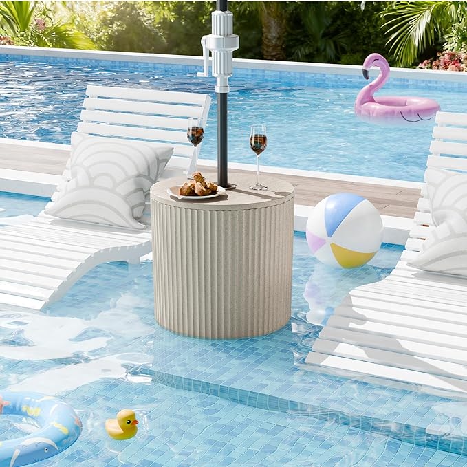 Outdoor Umbrella Stand with Hole, in Pool Umbrella Stand with Weighted Water Filled Bladder, Fluted Vertical Ribbed Design, All Weather Umbrella Side Table Base, Patio Umbrella Base, Beige
