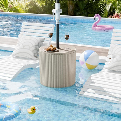 Outdoor Umbrella Stand with Hole, in Pool Umbrella Stand with Weighted Water Filled Bladder, Fluted Vertical Ribbed Design, All Weather Umbrella Side Table Base, Patio Umbrella Base, Beige