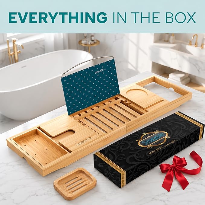 SereneLife Premium Bathtub Tray Caddy, Expandable Bath Tray, Unique House Warming Gifts, Gift for Mom, Women, New Home, Wedding, Anniversary, Bridal Shower, Universal Fit for All Tub -Natural, GiftSet