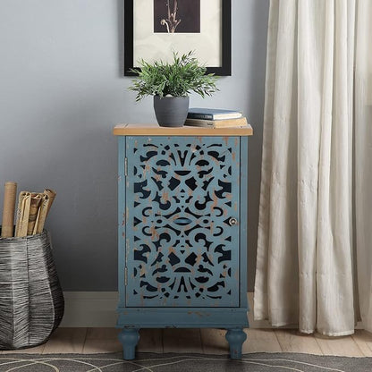 Sophia & William Small Accent Cabinet with Single Door, 31.5" Tall Side End Table, Distressed Nightstand with Hollow Carved Door, Blue