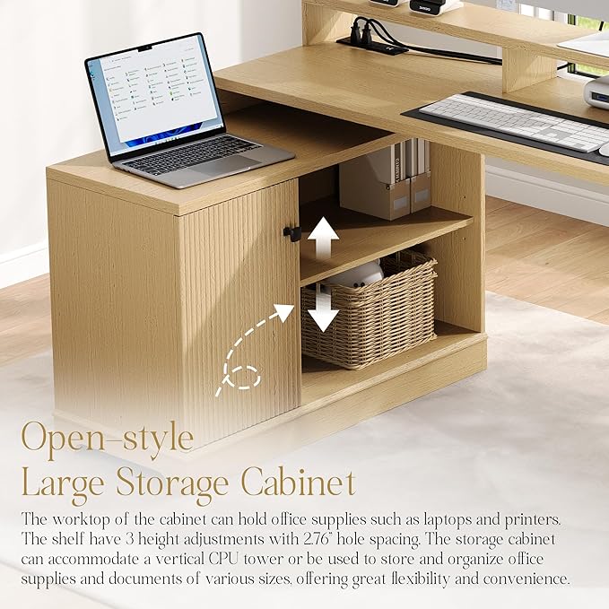 67" L Shaped Executive Desk with Drawers & Storage Shelf, Corner Computer Desk with Power Outlets, Home Office Desk with Monitor Stand, Printer Shelf, Computer Writing Desk for Work, Oak