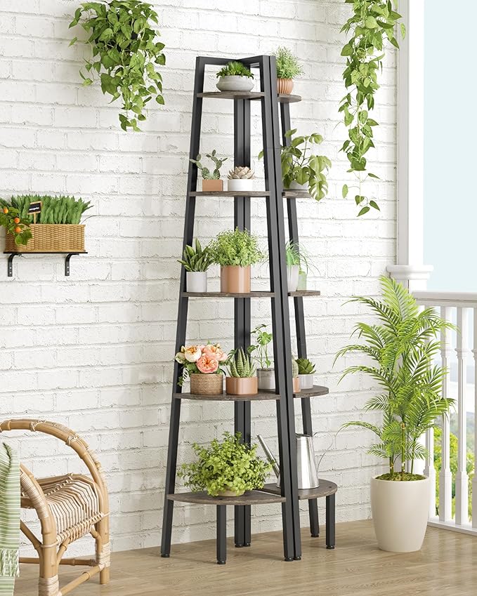 Hoctieon Corner Shelf, 5-Tier Corner Bookshelf, Rustic Ladder Shelf, Industrial Display Stand for Living Room, Kitchen, Home Office, Balcony, Small Space, Metal Frame, Grey