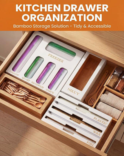 Bamboo Foil and Plastic Wrap Organizer for Kitchen Drawer, 9 in 1 Plastic Bag Organizer Organization and Storage, Food Storage Bag Organizer with Labels for Quart Gallon Snack (White)