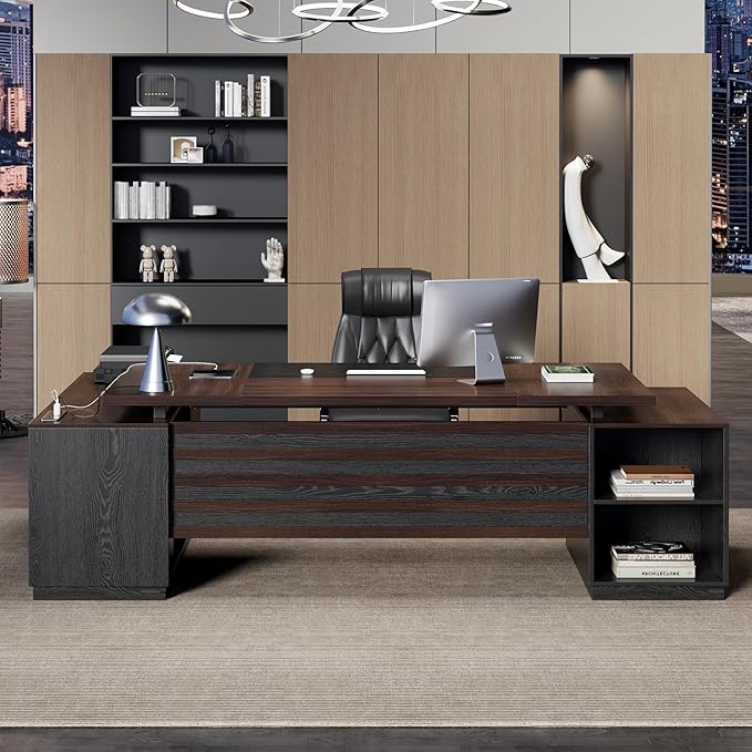 L Shape Executive Desk with Drawers and Storage Cabinet, Wooden Executive Office Desk for Home, Large Computer Table with Lateral File Cabinet for Studio, Dark Brown Black