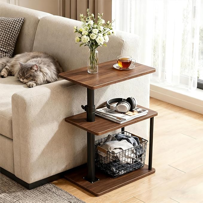 Swivel Side Table for Couch Arm, Height Adjustable C Shaped End Table for Recliner or Bed, Tv Trays with Storage Shelf for Small Spaces- Small Nightstand for Living Room, Bedroom