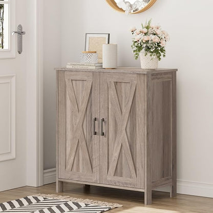 Homleke Farmhouse Shoe Cabinet with 2 Barn Doors & Wood Legs, 5-Tier Shoe Storage Cabinet with 3 Adjustable Shelves, Tall Shoe Rack Organizer for Closet, Shoe Organizer for Entryway, Hallway, Greige