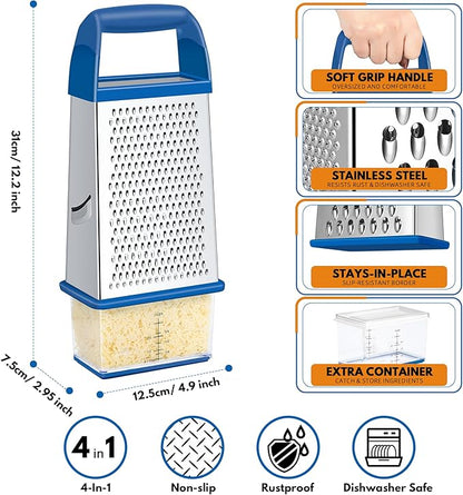 Urbanstrive Cheese Grater With Container, Professional Cheese Grater with Handle, Stainless Steel Graters for Kitchen Handheld, Box Grater with 4 Sides for Vegetables, Ginger, Potatoes (Dark Blue)