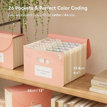 Wheat Straw Accordion File Organizer, 26 Pockets Expanding File Folder, Monthly Bill Receipt Organizer with A-Z Tabs, BPA Free, Letter/A4 - Strawberry Pink