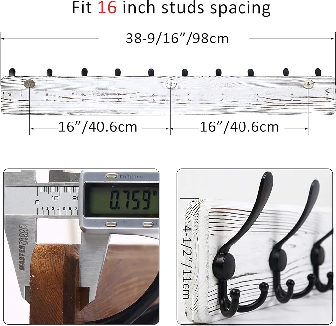 WEBI Coat Rack Wall Mounted,38 9/16" Long,10 Hooks,Wood Coat Hooks Wall Mounted Coat Hanger,Hook Rack Rail,Triple Hooks for Hanging Coats,Clothes,Jacket,Farmhouse,Black/White,2 Packs