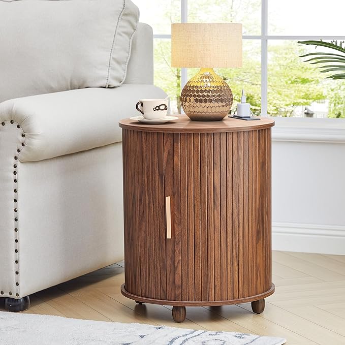 Fluted Round End Table with Charging Station, Farmhouse Small Sofa Side Table with Sliding Tambour Door & Storage, Mid-Century Wood Fulted Nightstands for Living Room, Bedroom (Walnut)