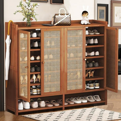 Bamboo Shoe Cabinet, 8-Tier Shoe Storage Cabinet with Doors, Freestanding Bamboo Shoe Rack Organizer with Shelves for Entryway, Hallway, Closet, Living Room