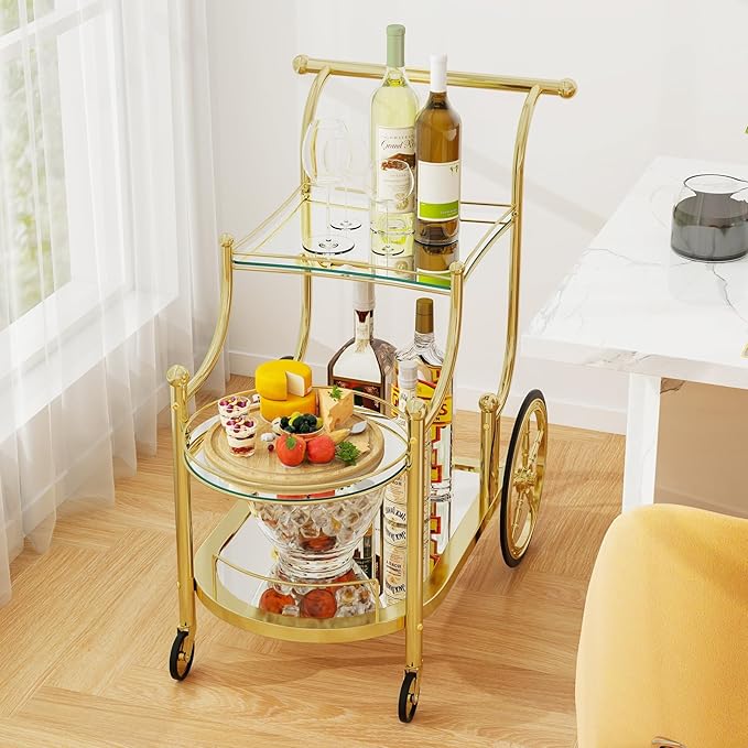 Tangkula Bar Cart, 3-Tier Rolling Home Bar Serving Cart with Mirrored Shelves & 4 Wheels, Mobile Beverage & Wine Cart for Kitchen, Dining Room, Living Room (Gold)
