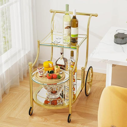 Tangkula Bar Cart, 3-Tier Rolling Home Bar Serving Cart with Mirrored Shelves & 4 Wheels, Mobile Beverage & Wine Cart for Kitchen, Dining Room, Living Room (Gold)