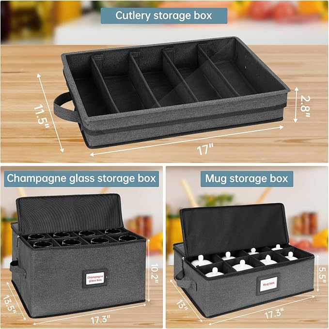 ANILD China Storage Containers 3-Piece Set, Hard Shell Box Moving Dishes, Wine and Glasses, Mugs, Cups, Champagne Flute, Ideal for Kitchen Organization and Moving Supplies