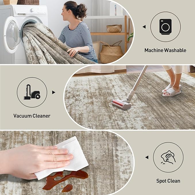 8x10 Area Rugs Washable Rug: Modern Abstract Living Room Rug Soft Anti-Skid Thin Carpet Indoor Floor Non-Shedding Carpets for Bedroom Dining Room Farmhouse Nursery Home Office Brown White