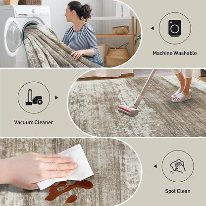 8x10 Area Rugs Washable Rug: Modern Abstract Living Room Rug Soft Anti-Skid Thin Carpet Indoor Floor Non-Shedding Carpets for Bedroom Dining Room Farmhouse Nursery Home Office Brown White