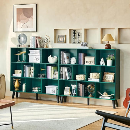 LEYAOYAO 10 Cube Bookshelf,3 Tier Modern Wide Bookcase with Legs,Mid-Century Wood Bookshelves Storage，Dark Green Large Book Case,Freestanding Organizer Display Shelf for Bedroom,Living Room,Office