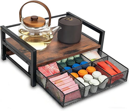 Tea Bag Organizer Holder, Wood Tea Box Organizer with 6 Compartments Storage Drawer, Rustic Brown Tea Station Chest, Countertop Display Storage Container Box for Kitchen Tea Station Chest