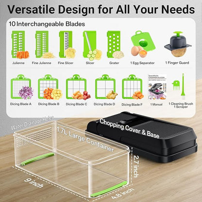 SpaceHacks 15-in-1 Vegetable Chopper, Kitchen Gadgets with 10 Blades, Veggie, Food, Onion Chopper, Cucumber Slicer, Versatile Mandoline, Includes Egg Separator & Finger Guard, Green