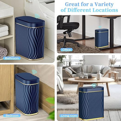 Bathroom Small Trash Can with Automatic Touchless Lid, 2.6 Gallon Smart Garbage Can Narrow Waterproof Trash Bin for Bedroom, Office, Living Room