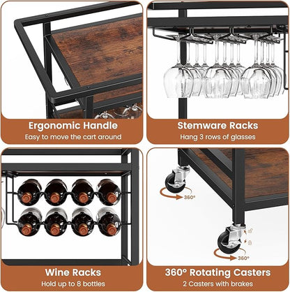 Leteuke Bar Cart for Home, 3 Tier Black Serving Rolling Carts with Wheels, Drink Cart, Liquor Stand with Removable Tray, Wine Rack and Glass Holder for Kitchen, Outdoor, Dining Room-Black Brown