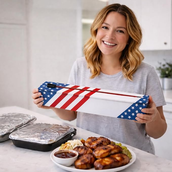 ChicWrap Red, White and Blue Refillable Foil Dispenser - One 12"x 30' Roll of Professional Grade Aluminum Foil - Reusable Dispenser w/Slide Cutter - Kosher Certified - Reduces Waste & Saves Money