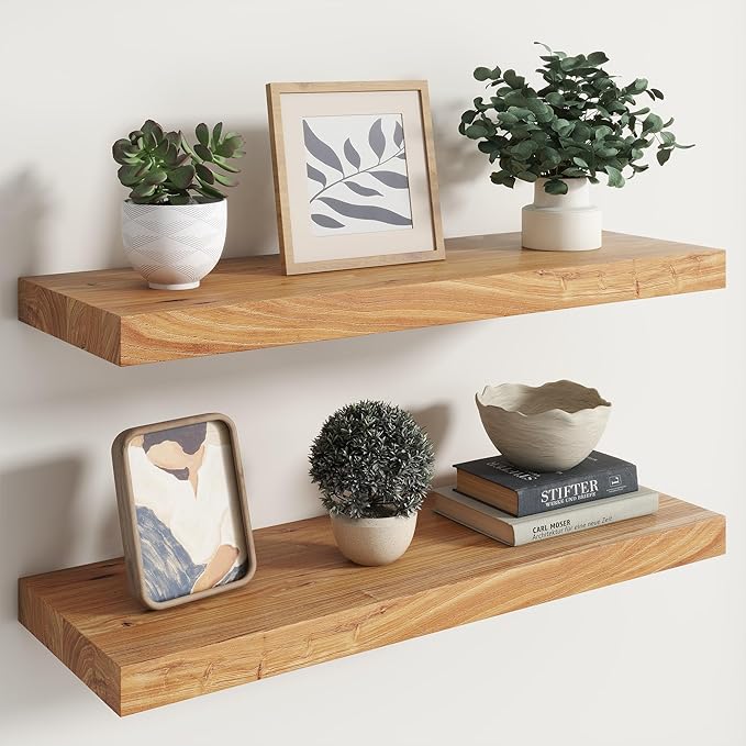 RICHFOCUS Elm Floating Shelves for Wall - 30" W x 9.3" D Rustic Solid Wood Shelves with Invisible Bracket, Wall-Mounted for Living Room, Bedroom, Kitchen Storage & Display, Set of 2, Natural