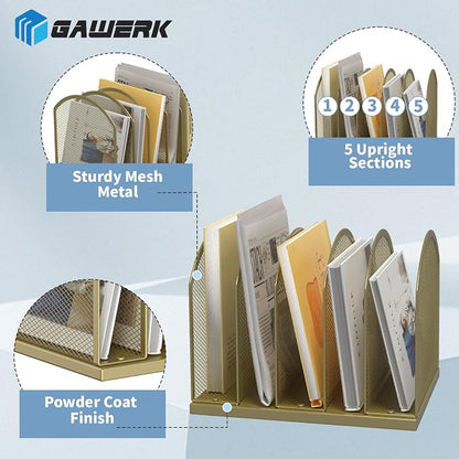 Gawerk 5-Section Vertical Desktop Organizer, 5-Section Mesh File Folder Stand Sorter for Office Home Classroom Organization (1, Gold)