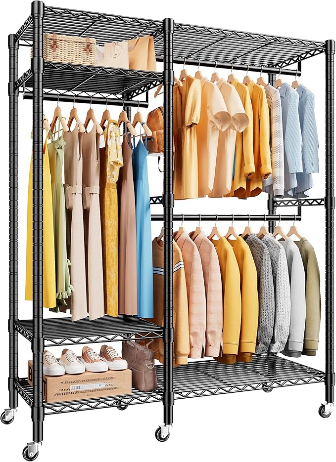 Raybee 79" H Clothes Rack Heavy Duty with Wheels, Clothing Rack for Hanging Clothes Rolling Portable Closet, 45" Wx17 Dx79 H,Black