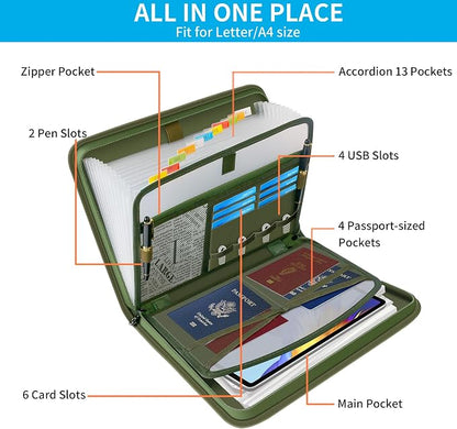 Andyer Accordion File Organizer with Lock, Fireproof Expanding File Folder with Tabs, 13 Pockets Important Document Organizer with Handle, Portable Paperwork Business Organizer, Letter/A4-Size (Green)