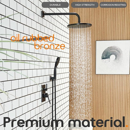 Bathroom Shower System Included Pressure Balancing Shower Mixer Valve, 10'' Rain Shower Head, 3-Setting Handheld Spray, Wall Mounted Oil-Rubbed Bronze SF001ORB-D10