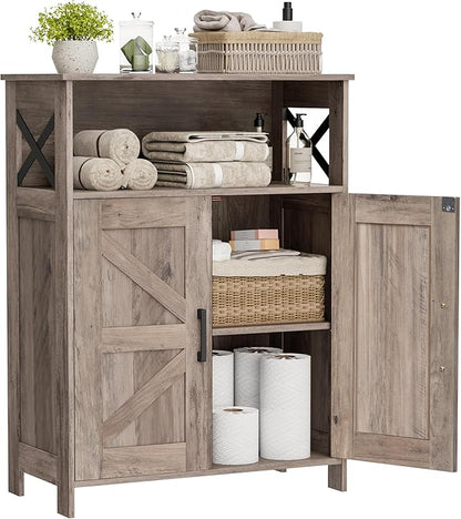 Homhedy Farmhouse Bathroom Storage Cabinet with 2 Doors, Toilet Paper Cabinet with Adjustable Shelf, Small Bathroom Cabinet for Kitchen/Laundry/Living Room, 11.8 x 23.6 x 31.5 Inches, Greige