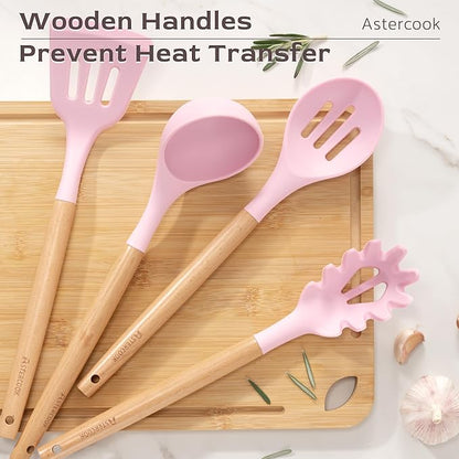 Astercook Kitchen Utensils set, 39 PCS Silicone Cooking Utensils Set with Wooden Handle, 446°F Heat Resistant Food Grade Utensil Sets, BPA Free Kitchen Gadgets Tools Set for Nonstick Cookware (Pink)