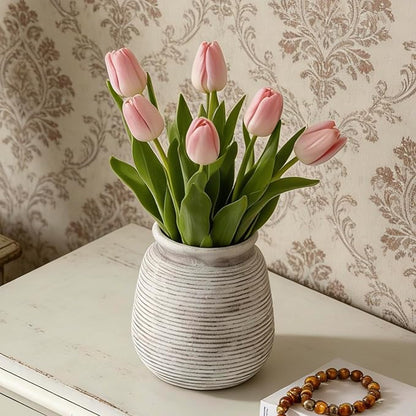Ceramic Flower Vase, Rustic Farmhouse Decorative Vase Pottery Wide-Mouth Vases for Home Decor Table Entryway Mantel Bookshelf Living Room Bedroom Bathroom Kitchen - 7.48" D