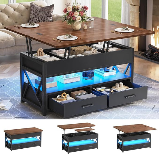 Itaar 40" Lift Top Coffee Table, 4 in 1 White Coffee Tables with Storage for Living Room, Small Coffee Table with 2 Drawers & LED Light for Dining Room, Black+Brown