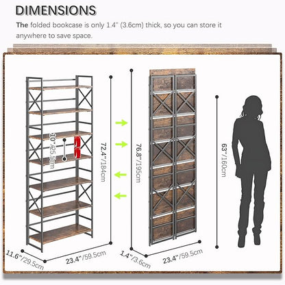 4NM 7 Tiers No Assembly Book Shelves, 72.4" H Folding Bookshelf Bookcase Open Industrial Foldable Shelves for Bedroom, Living Room, Home Office - Rustic Brown Black