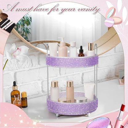 Honeydak 360 Rotating Perfume Organizer Gift for Women, Rhinestone Preppy Skincare Organizer Bathroom Counter Makeup Holder Skincare and Perfume Storage for Cosmetic(2 Tiers,Pearl,Purple)