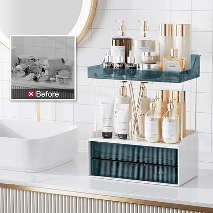 Delamu Bathroom Organizers and Storage, 2 Tier 2 Drawer Makeup Organizer Countertop, Easy to Install, Ideal for Bathroom Counter, Vanity, Ideal for Women Girls, Blue