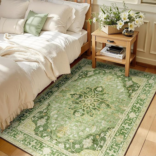 RELEANY Area Rugs 3'x4' Washable Non-Slip, Floral Vintage Distress Medallion Carpet for Living Room Bedroom Dining Room, Sage Green Yellow