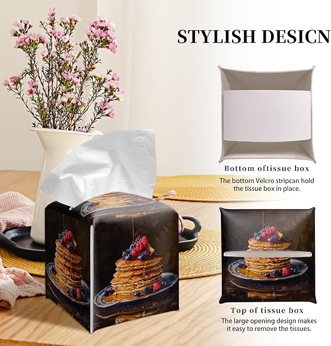 Grace Yonks Cute Pancakes Tissue Box Cover Square, Kitchen Food Cube Case for Facial Tissues, 5.2" PU Leather(068)