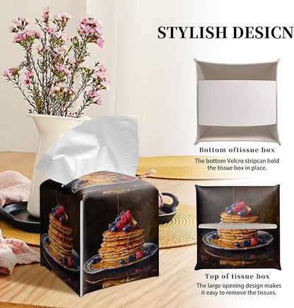 Grace Yonks Cute Pancakes Tissue Box Cover Square, Kitchen Food Cube Case for Facial Tissues, 5.2" PU Leather(068)