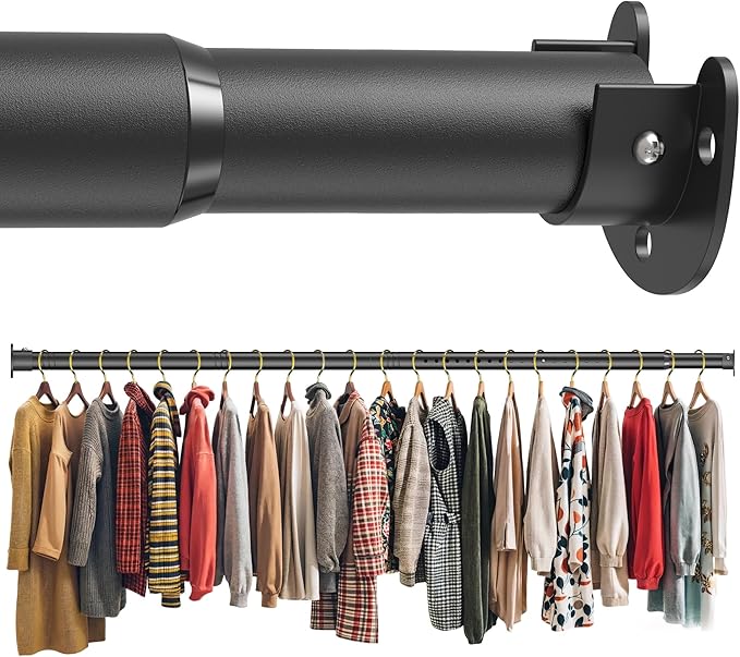 Closet Rod 17-63 Inches, Adjustable Heavy Duty Black Metal Closet Rods for Hanging Clothes, 1.3 Inch Diameter with Wall Brackets for Wardrobes, Laundry Room